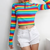 Rainbow Color Zipper Tops T shirt