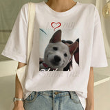 Woman in a dog print T-shirt