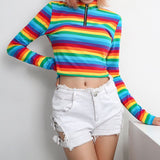Rainbow Color Zipper Tops T shirt