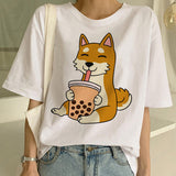 Woman in a dog print T-shirt