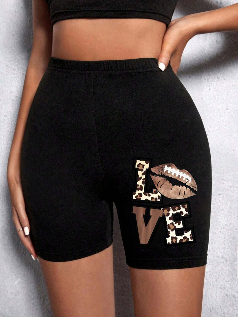 Summer Woman Tight Shorts Leopard Heart And Love Letter Grap